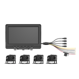 Sistema de Monitoreo Local / 4 Cámaras 1080p para Exterior (IP68) y Pantalla LCD de 7" a Color / Soporta Memoria Micro SD Hasta 512 GB / Soporta Cambio de Cámara al Dar Reversa al Vehiculo / Accesorios de Instalación